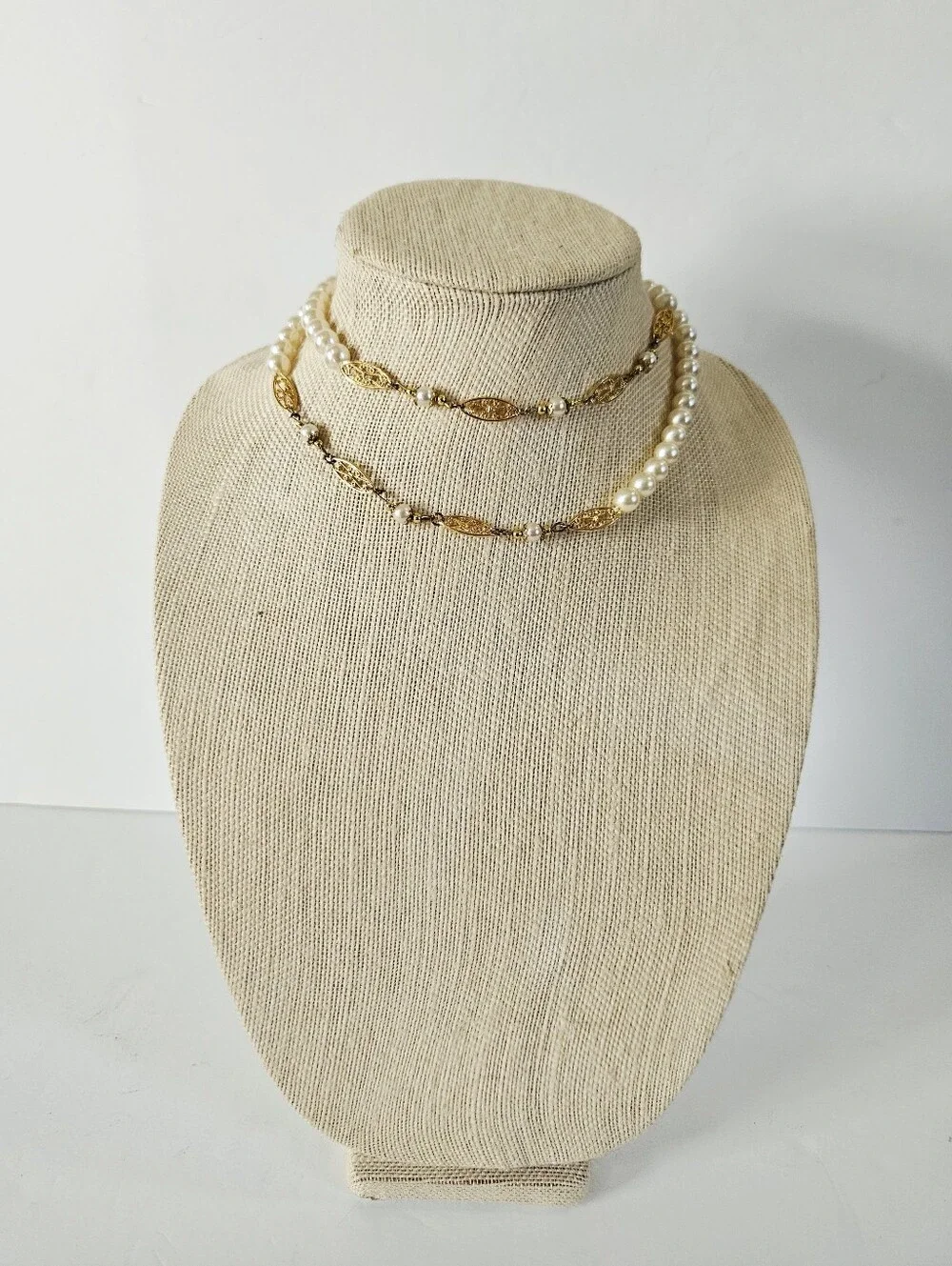 Vintage Faux Pearl Gold Filigree Scrollwork Opera Length Linked Station Necklace